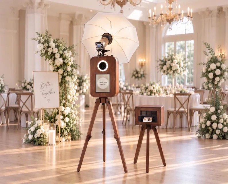 Wooden Firefly photo booth with printer stand set up in an elegant wedding reception